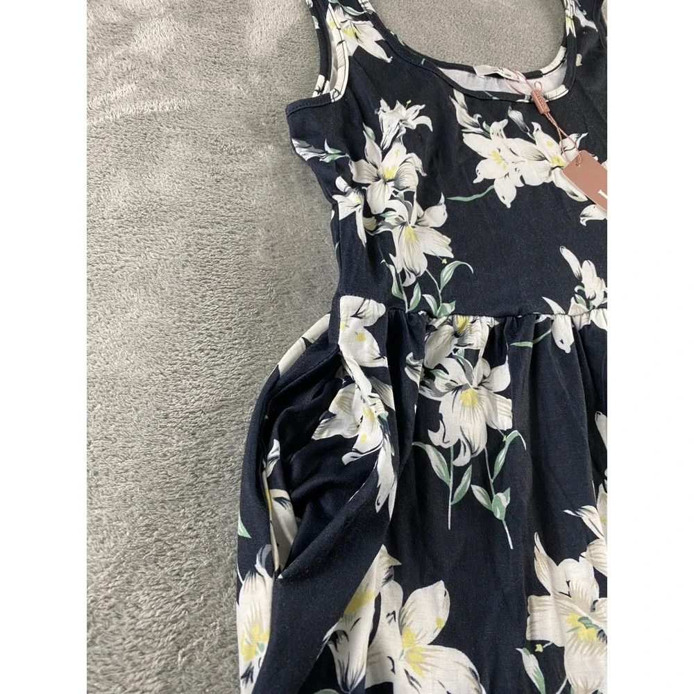 Hotouch Navy Blue Floral Lily Tiered Midi Dress Sleeveless Pockets Womens Small